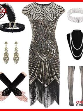 Small Flapper Dress Sequin Fringe Vintage Cocktail Costume with Accessories